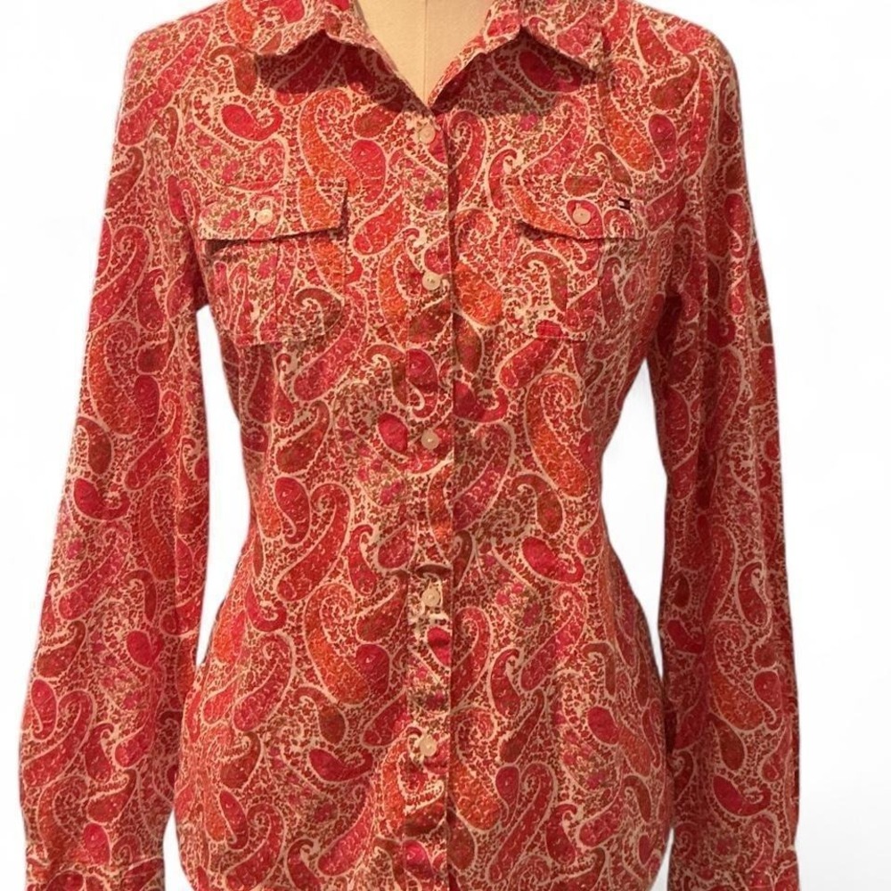 Tommy Hilfiger Paisley Button Down Womens M Pink‎ Orange Excellent Long Sleeve